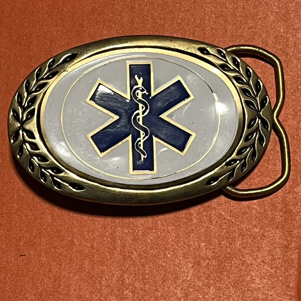 Vintage Solid Brass Star of Life EMS EMT Medical Belt Buckle Blue White Gold